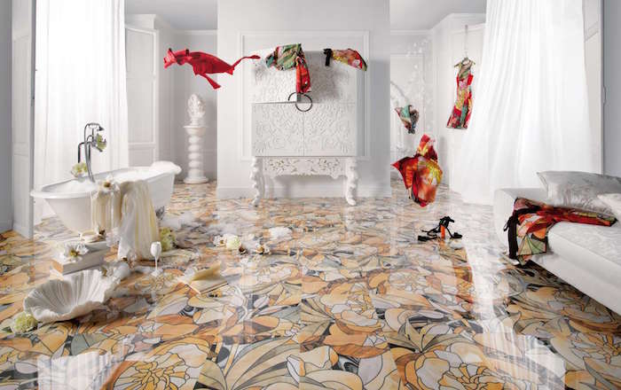 modele carrelage salle de bain motif floral exotique dans grande sdb blanche