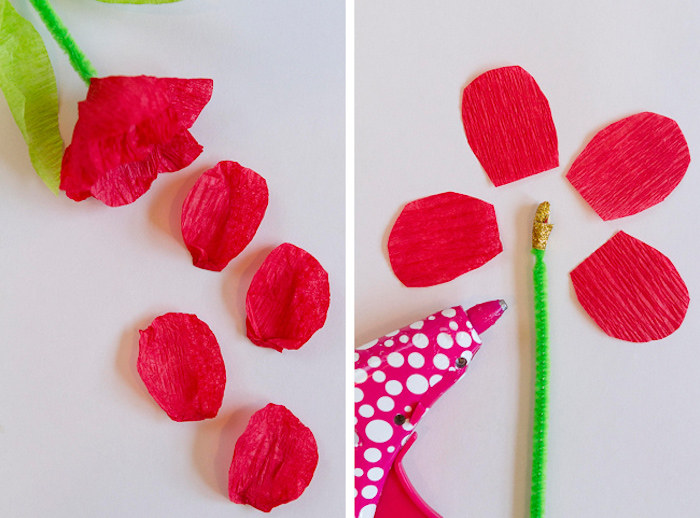 comment faire une fleur en papier crepon avec des pétales papier et tige en cure pipe pour votre carte fête des mères maternelle 3d