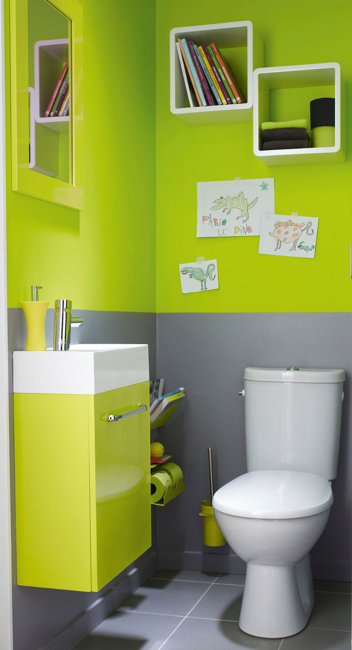 déco wc pour enfants avec couleur vive vert fluo et gris