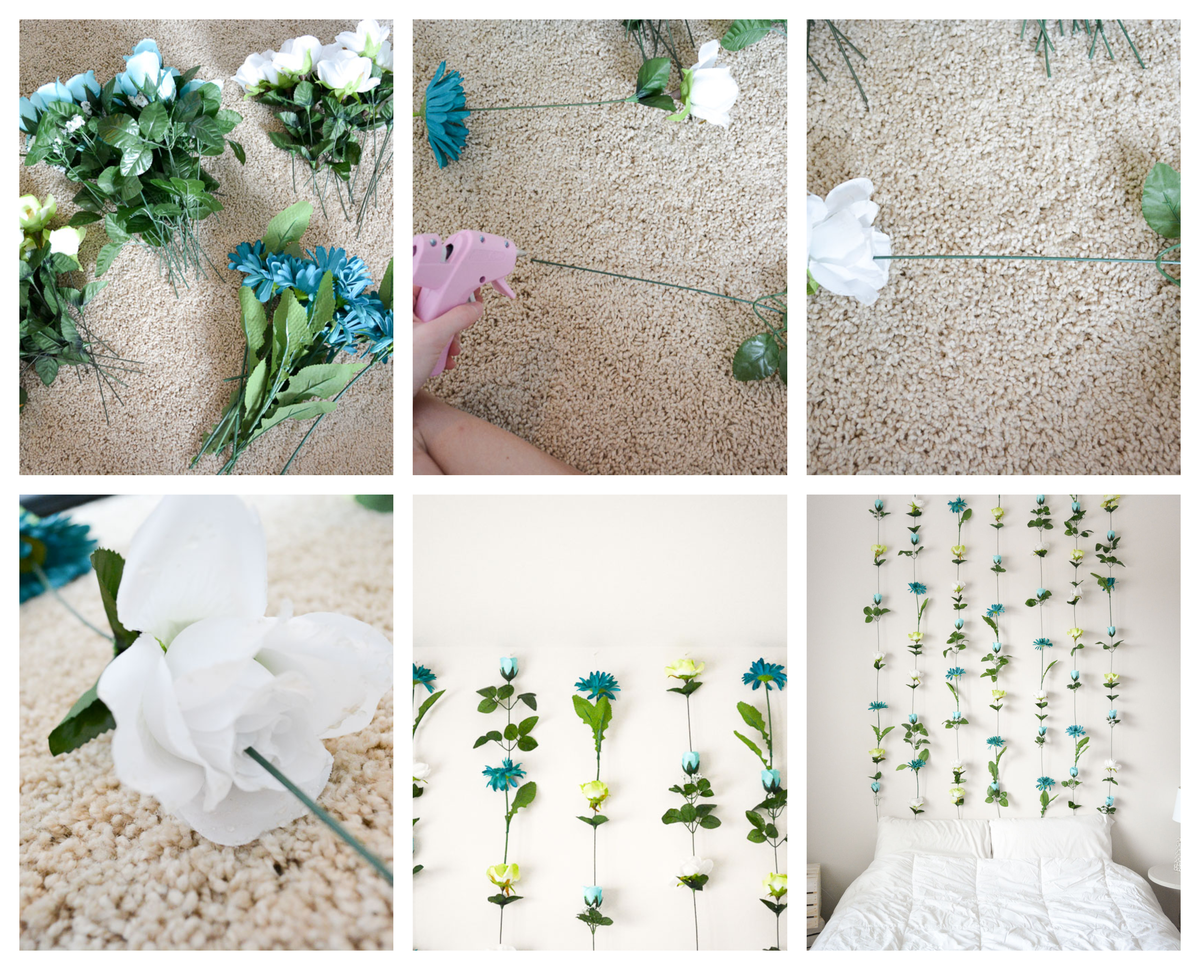 exemple originale comment fabriquer une tete de lit florale de fleurs artificielles collées ensemble, linge de lit blanc