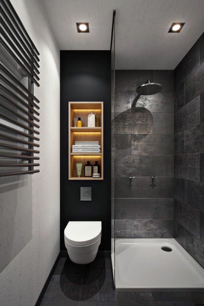 salle de bain grise petite et moderne avec douche italienne et coin wc