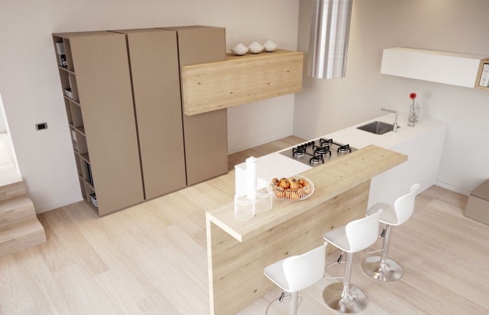 quelles couleurs combiner dans une cuisine à design naturel avec meubles de bois clair et parquet de bois