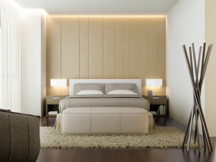 chambre à coucher, lit gris, mur beige, décoration style asiatique, tapis moelleux beige