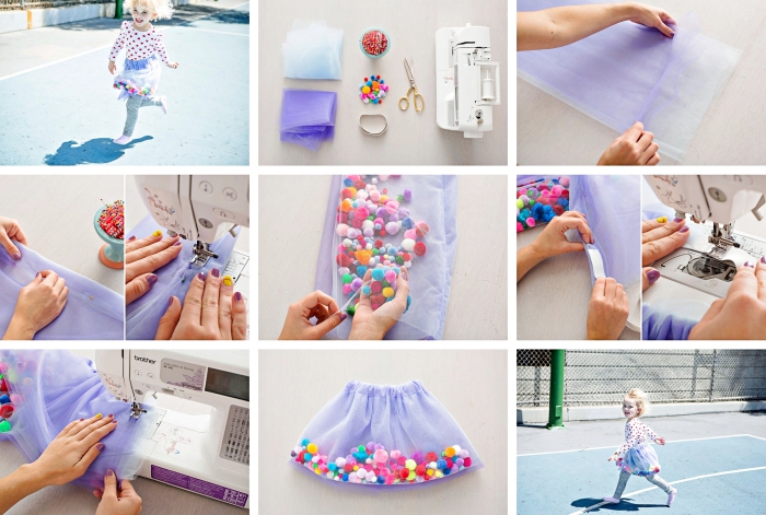 tutoriel avec instructions pour fabriquer une jupe tutu de couleur violette avec décoration en mini pompons colorés