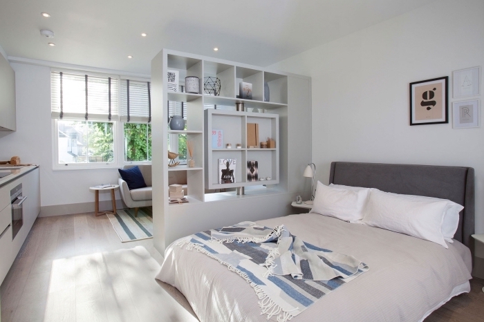 exemple aménagement petit appartement avec meuble séparation entre le salon et la chambre à coucher