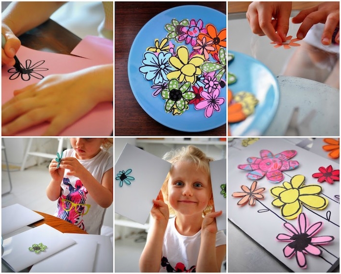 carte fête des mères maternelle avec des fleurs en papier coloré découpées et collées sur un bout de papier blanc