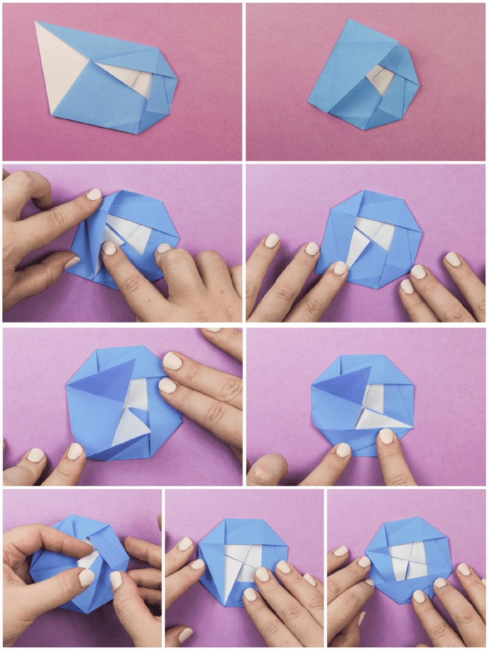 le pas à pas d'un modele origami traditionnel en forme de fleur camélia qui pourrait décorer à merveille un emballage cadeau 