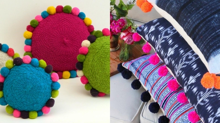 différents modèles de coussins colorés avec décoration en mini pompons, deco a faire soi meme avec boules de laine