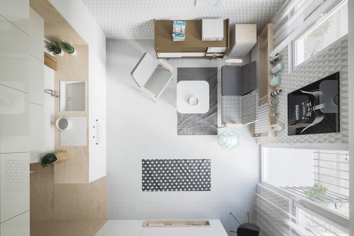 comment amenager studio 15m2 avec petite cuisine et meubles escamotables, intérieur design moderne en blanc et bois