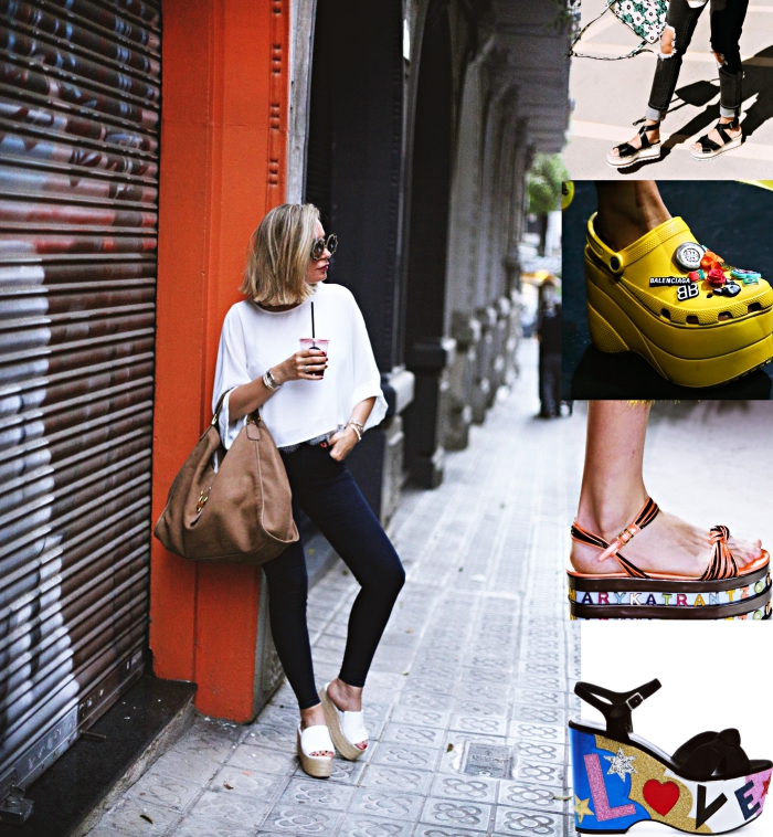 modèles de chaussures et sandales à plateforme au design coloré, look élégant en pantalon noir avec sandales beige et blanc