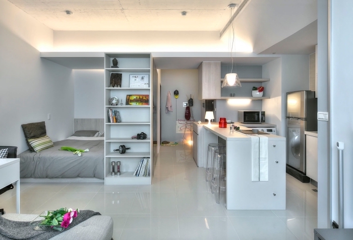 inspiration pour décoration appartement étudiant aux lignées épurées et design moderne en blanc et gris