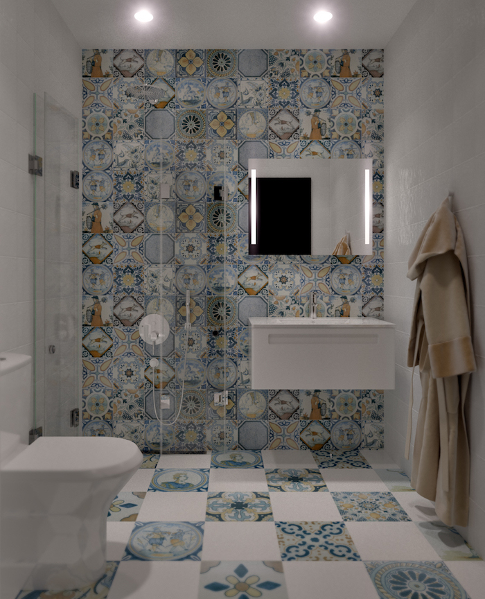 carrelage décoré pour mur de douche italienne et sol dans petite salle de bain