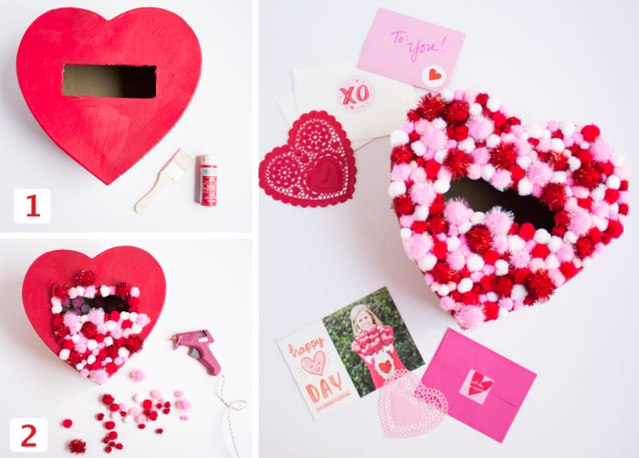 idée surprise pour la Saint Valentin avec boîte en carton coupé en forme de coeur et décoré avec petits embellissement en rouge et rose