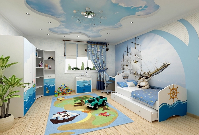 modèle de chambre pour garcon avec plafond suspendu à design ciel et mur avec papier peint trompe l'oeil à design bâteau