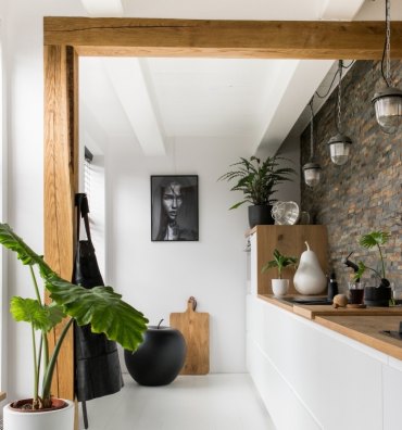 plante verte pot a fleur pomme de terre noire objet décoratif plan de travail cuisine colonne bois poutre plafond blanc plancher blanc