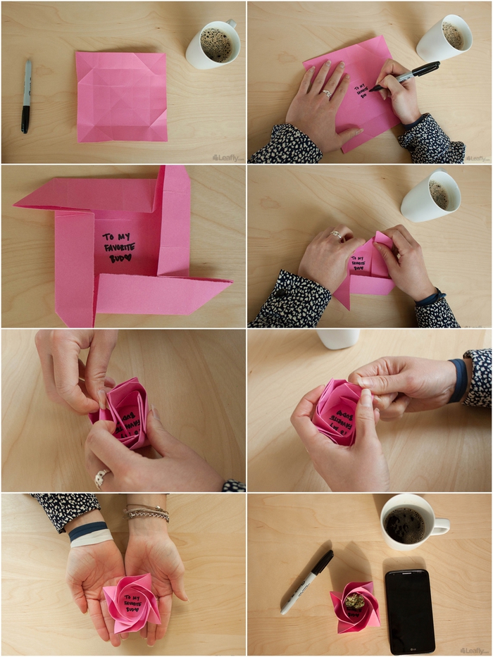les étapes de pliage finales pour réaliser une mini-boîte cadeau en fleur en origami, une rose épanouie en origami personnalisée avec un message au fond 