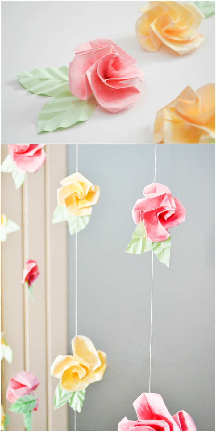 rose origami tuto facile et rapide avec des pliages expliqués en images, une idée créative en origami pour créer une guirlande originale en roses de papier
