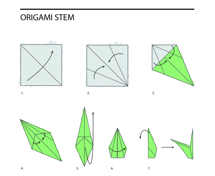 un schéma des pliages origami pour réaliser un modèle traditionnel de tige qui pourrait compléter les fleurs en origami