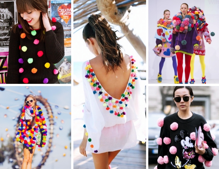 modèles de pulls et tuniques pour femme à décoration pompons colorés, accessoires fashion pour femme tendance