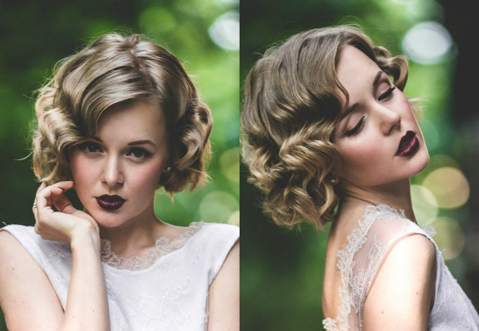 modele de coiffure de mariée bouclées avec des ondulations, mèches blond cendré, rouge à lèvres bordeaux, coiffure retro chic