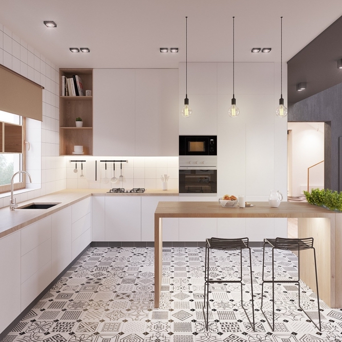 décoration de cuisine aménagée en L avec meubles blancs à ouverture automatique et éclairage de style industriel