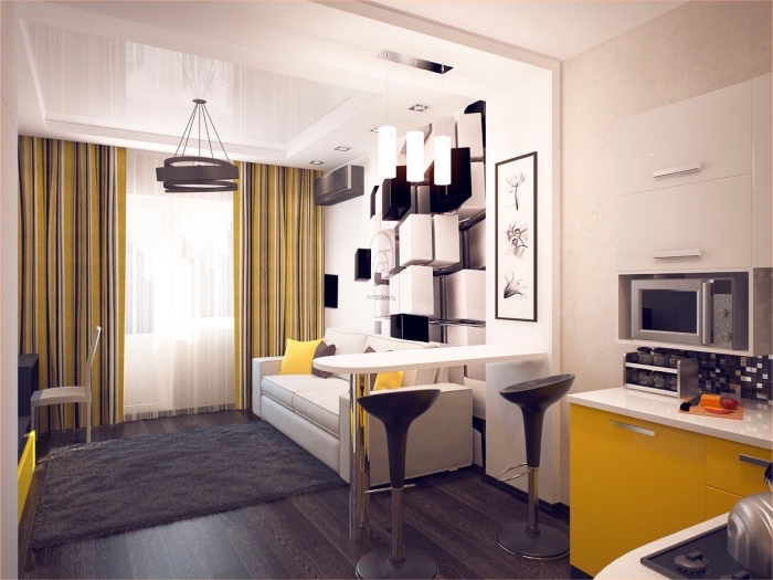 design intérieur contemporain aux lignes épurées et couleurs neutres combinées avec accents vibrants en jaune