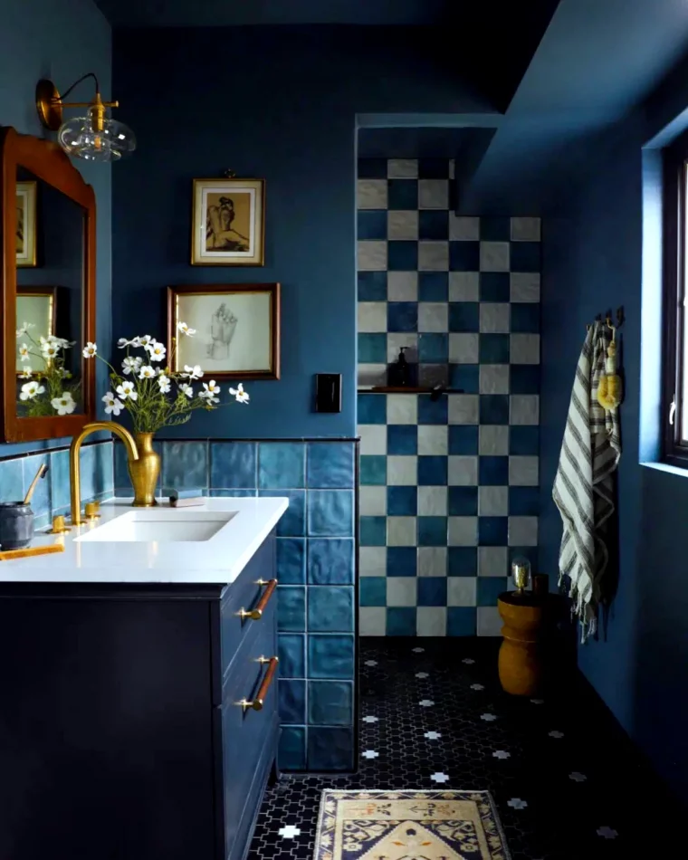 salle de bain avec toilettes petit espace couleurs sombres