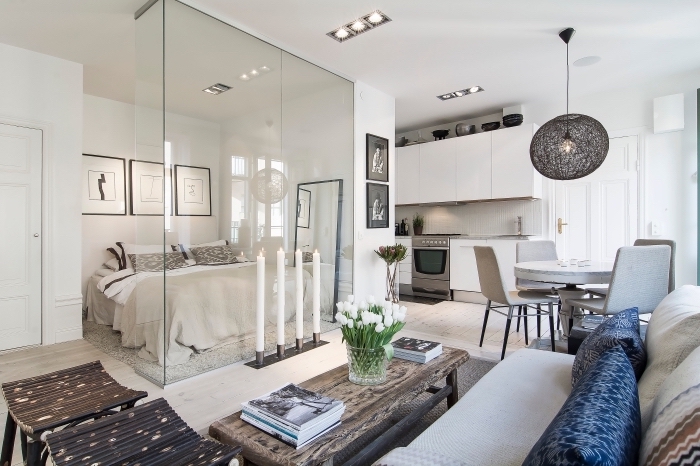 design intérieur moderne dans un studio blanc avec salon cuisine salle à manger et coin à dormir séparé avec vitrage