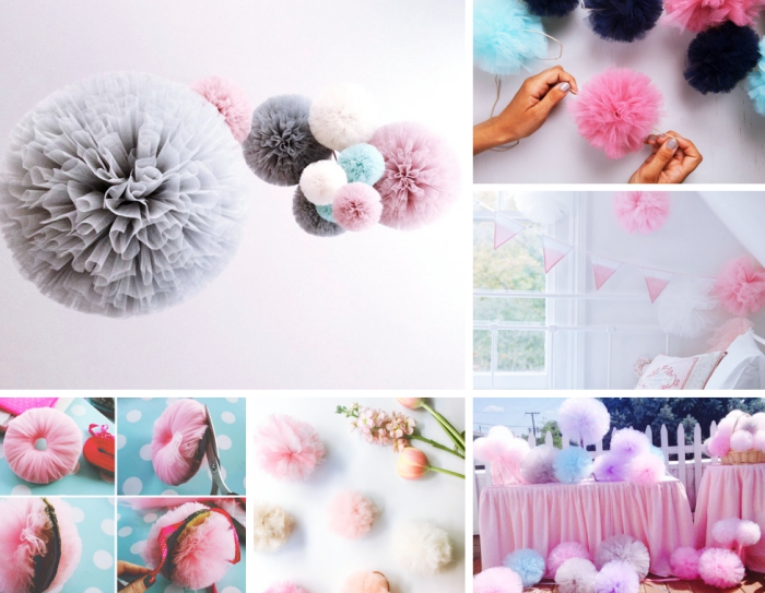 comment faire un pompon en papier de soie pour créer une guirlande décorative en couleurs pastel, déco chambre fille en rose et blanc