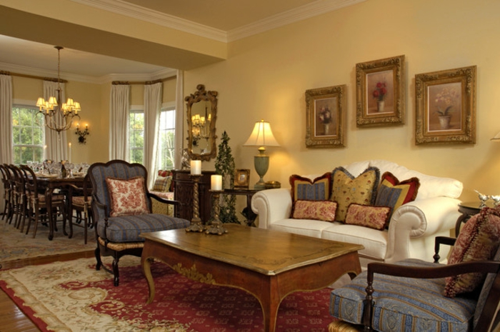 salon avec salle à manger, peinture tendance salon, table basse ancienne, fauteuils baroques, peintures aux encadrements dorés, tapis persan