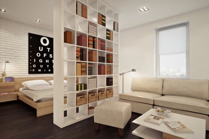 idée comment diviser la chambre à coucher du salon avec un meuble séparation en version bibliothèque blanche