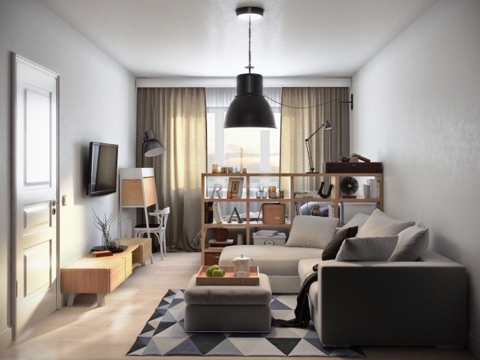 aménager un petit appartement avec meuble de séparation en version rangement de bois pour séparer le lit du salon
