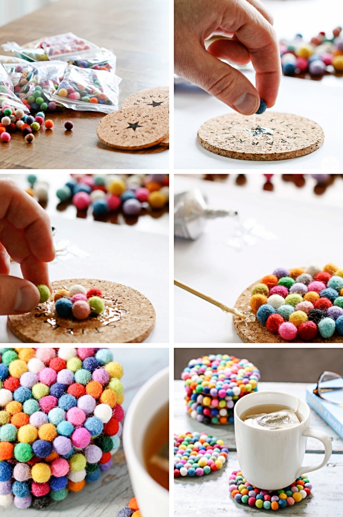 idée bricolage facile avec lot de mini pompons colorés pour décorer un sous-verre à design cocooning multicolore