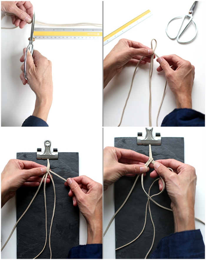 les étapes de réalisation d'une attache tétine personnalisée en suédine tressée avec une pince clip en métal