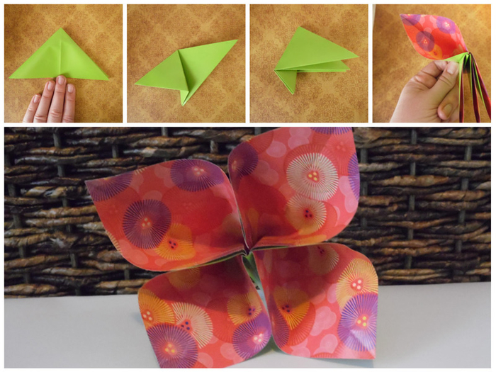 les étapes de pliage facile pour réaliser une fleur en origami à quatre pétales en papier à motif fleur, tutoriel origami fleur