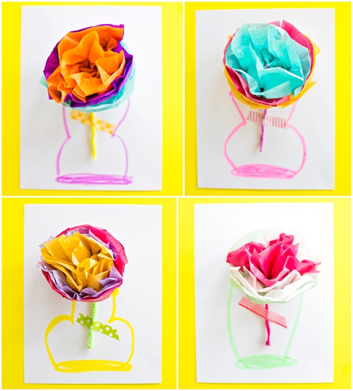 modele de carte fête des mères à fabriquer soi meme fleurs en papier de soie coloré avec des tiges cure pipe et vase dessiné sur un bout de papier