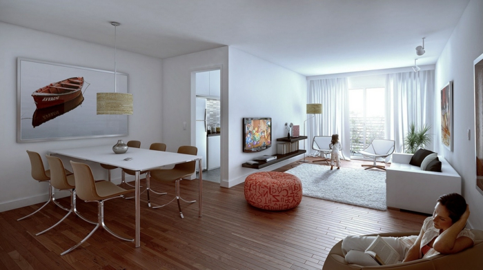 équipement simple et élégant de salon et salle de séjour, petite cuisine isolée, aménagement des petits espaces