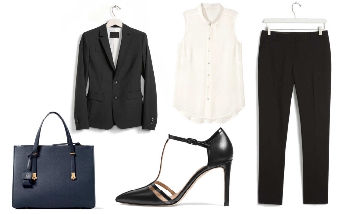 idée pour choisir un tailleur pantalon femme chic avec pantalon et blazer noir combinés avec top sans manches blanc