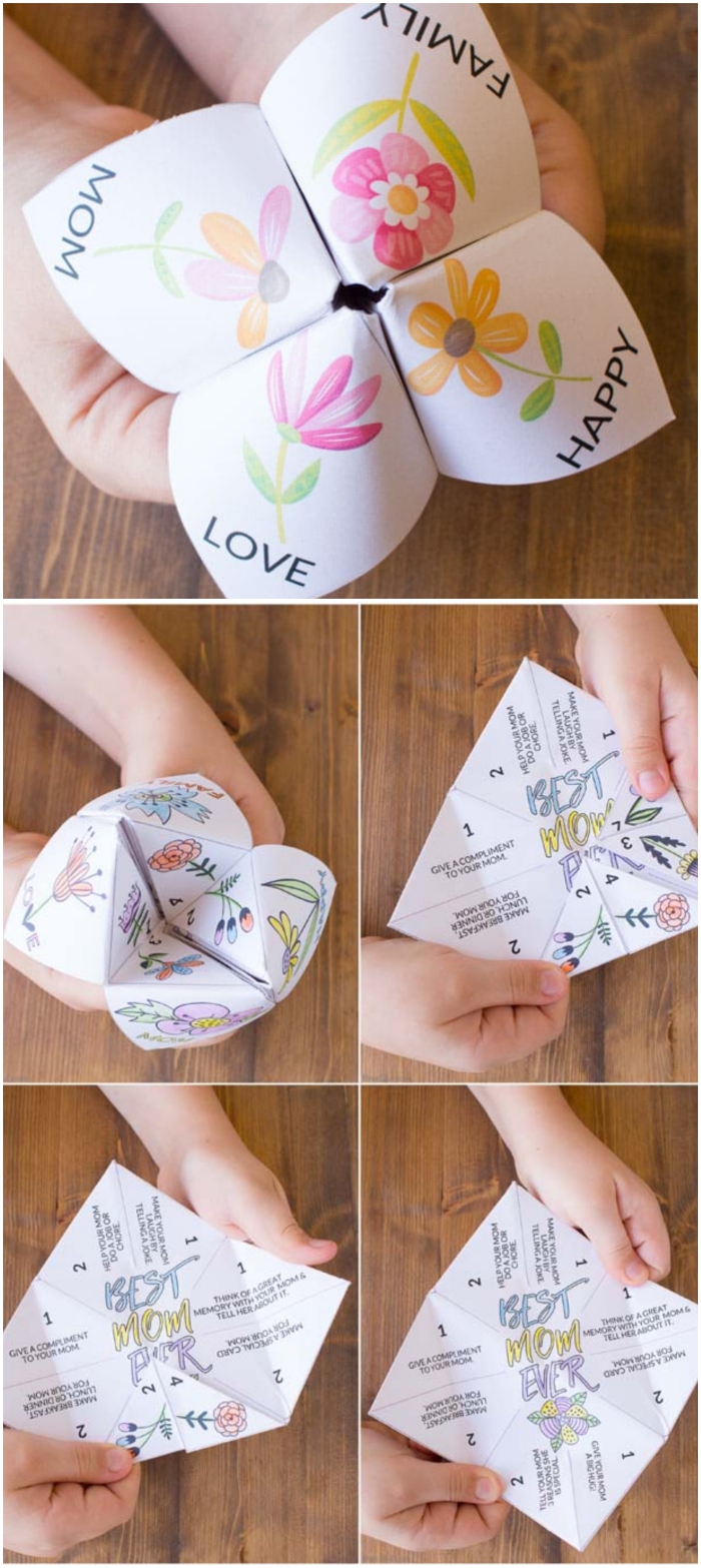 une activité manuelle facile et amusante pour la fête des mères, une cocotte origami fleurie pleines de surprises