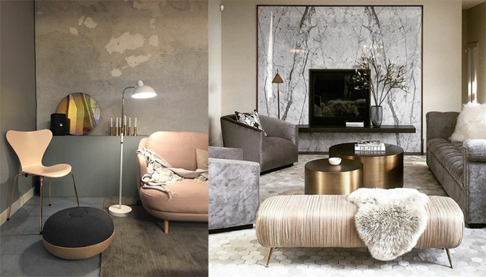 comment amenager petit salon, sofa rose cendré mis dans un salon gris à touches scandinaves et un salon gris avec des tables métalliques