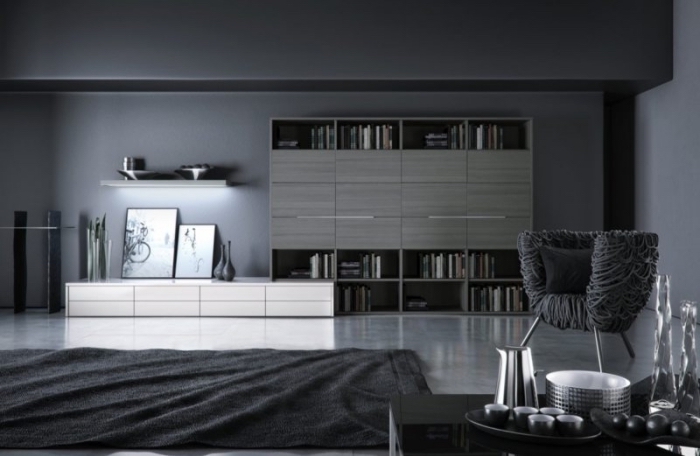 modèle de design intérieur en nuances sombres dans un salon moderne avec bibliothèque en gris souris et tapis noir