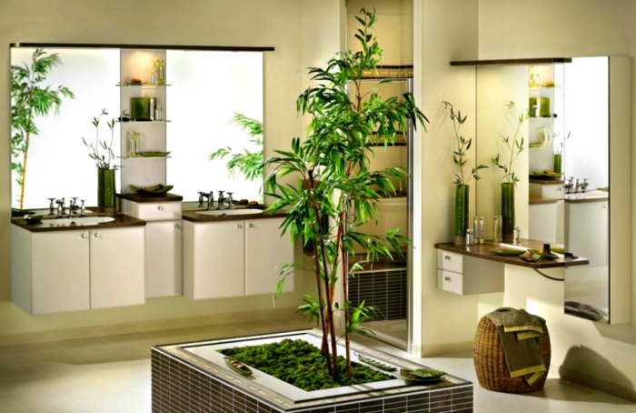 plante interieur ombre, salle de bain verte, pinterest salle de bain, plante retombante, îlot au centre du bain avec un petit arbre, meubles suspendus en blanc et marron