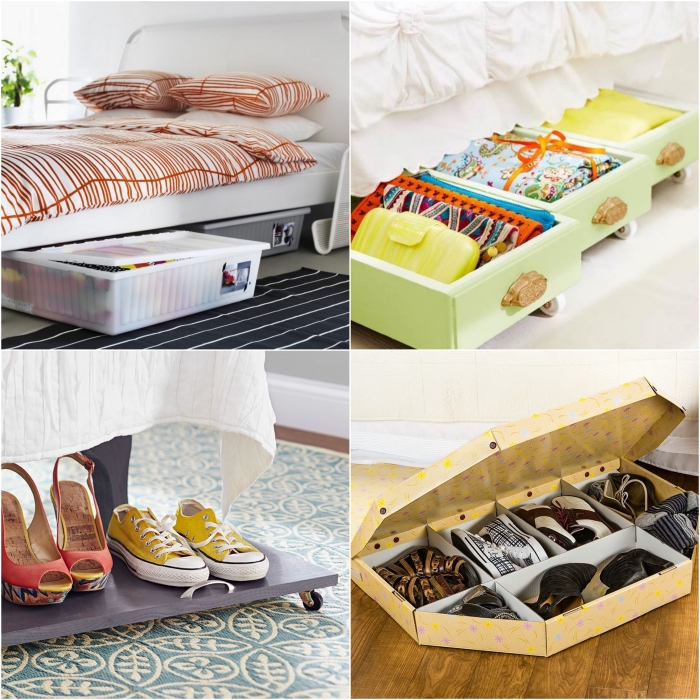 idee rangement chaussure dans une petite chambre à coucher, optimisez l'espace sous le lit avec des boîtes de rangement et des tiroirs à roulettes