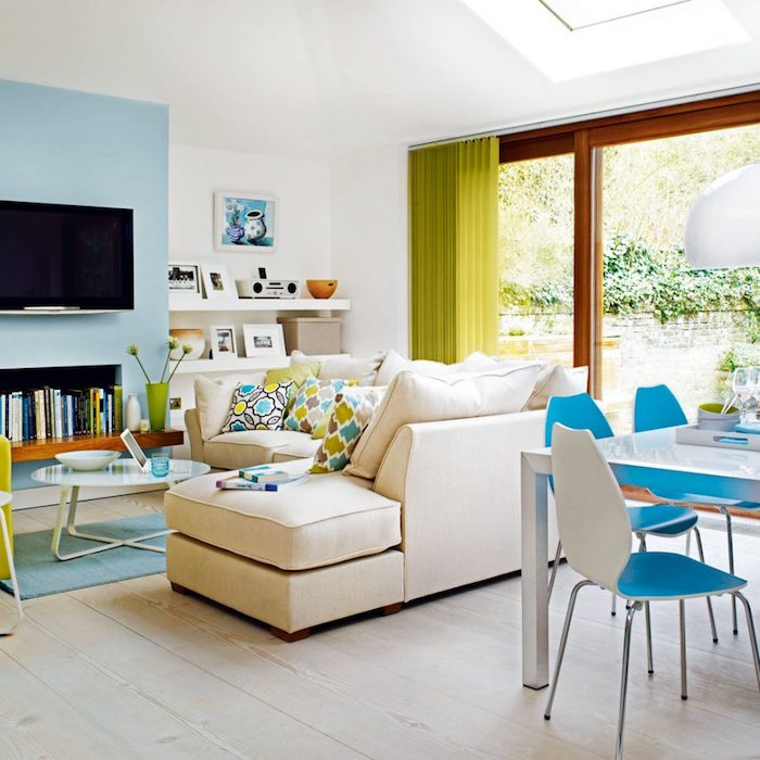 Idée couleur salon aménager un salon en longueur cool déco à faire salon et salle à manger bleu et vert déco printemps