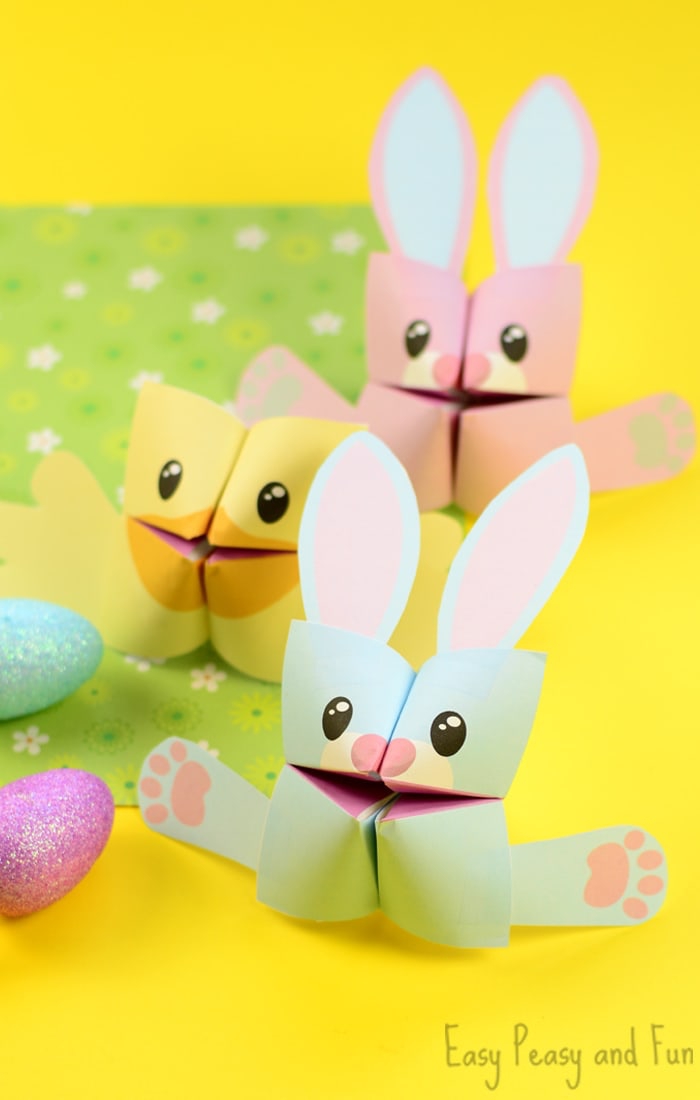 idée pour un bricolage de pâques pour la maternelle, le pliage cocotte origami en forme de lapin ou poussin