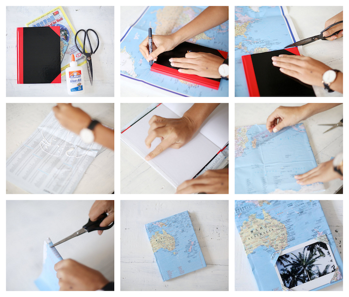 comment faire un carnet de voyage couverture décoré de papier carte géographique avec une photo de paysage devant