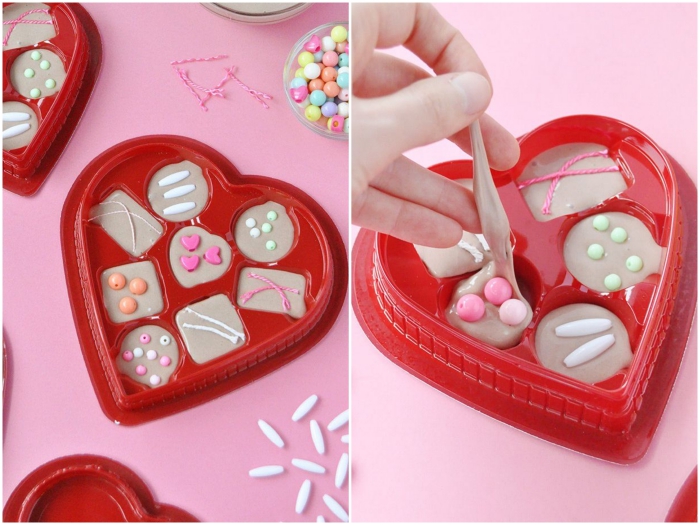 idée originale de bricolage pour la saint-valentin, une boîte cœur de bonbons en pate slime recette maison
