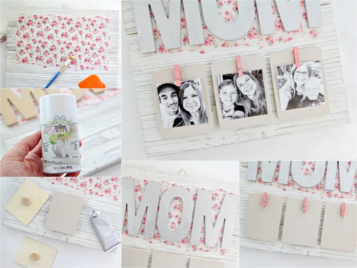 idée de cadeau fête des mères à fabriquer soi-même avec des palettes recyclées, un porte-photos en bois récup décoré de papier scrapbooking à motif fleurs