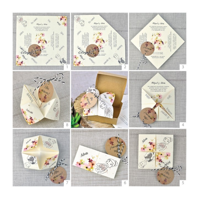 une alternative originale à la carte d'invitation mariage avec un modèle en origami cocotte à motifs fleurs avec ficelle noir et blanc