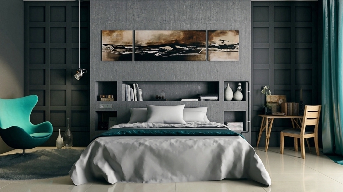 décoration de chambre à coucher moderne aux murs foncés avec rideaux longs verts et bureau en bois clair avec chaise